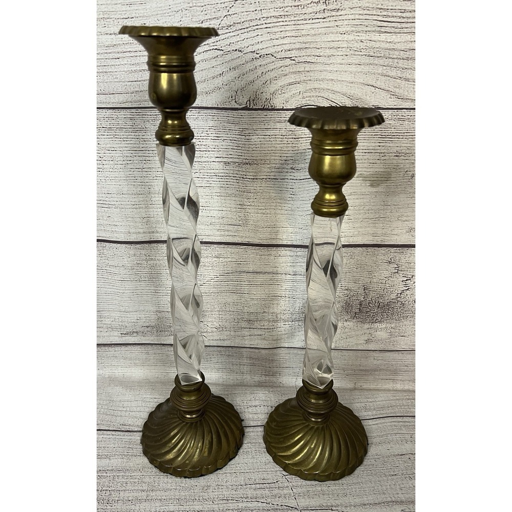 Vintage HOLLYWOOD REGENCY Twisted Lucite & Brass CANDLE HOLDERS 13.5" 11.5"